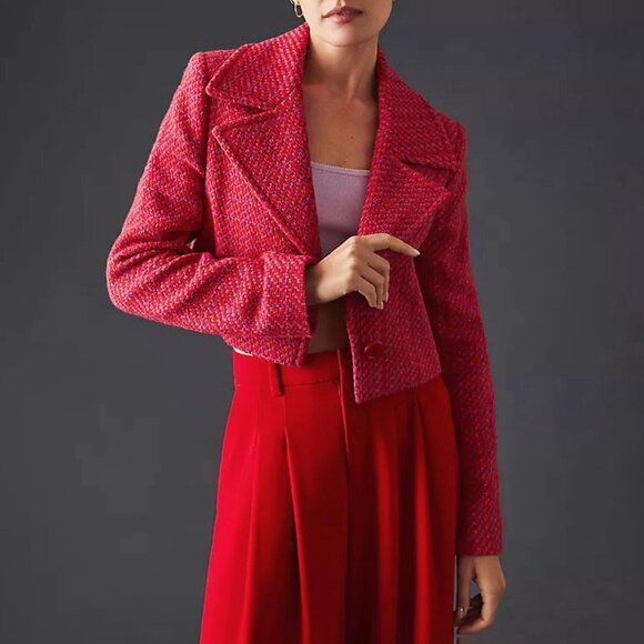 New Anthro Cotton Tweed Cropped Blazer Magenta Large $178